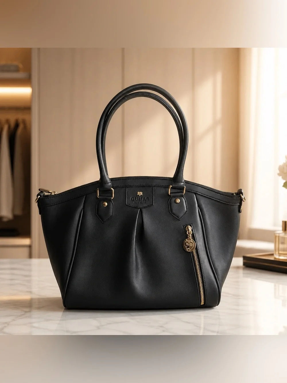 Gunas New York Vegan Leather Handbag Madison Satchel Purse Structured 2 Handled